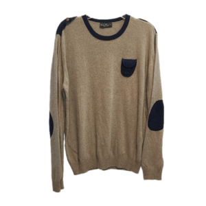 Salvatore Ferragamo cashmere blend navy/taupe crewneck elbow patches  sweater